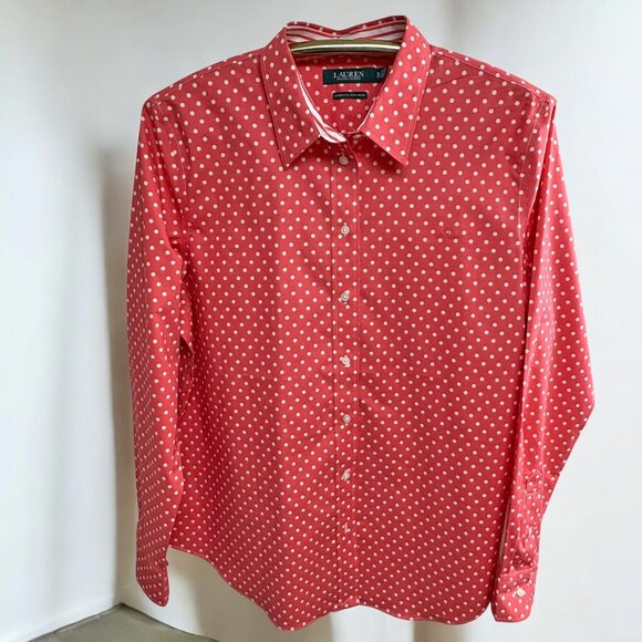 Lauren Ralph Lauren Coral Polka Dot Stretch Non Iron Shirt - Picture 1 of 8